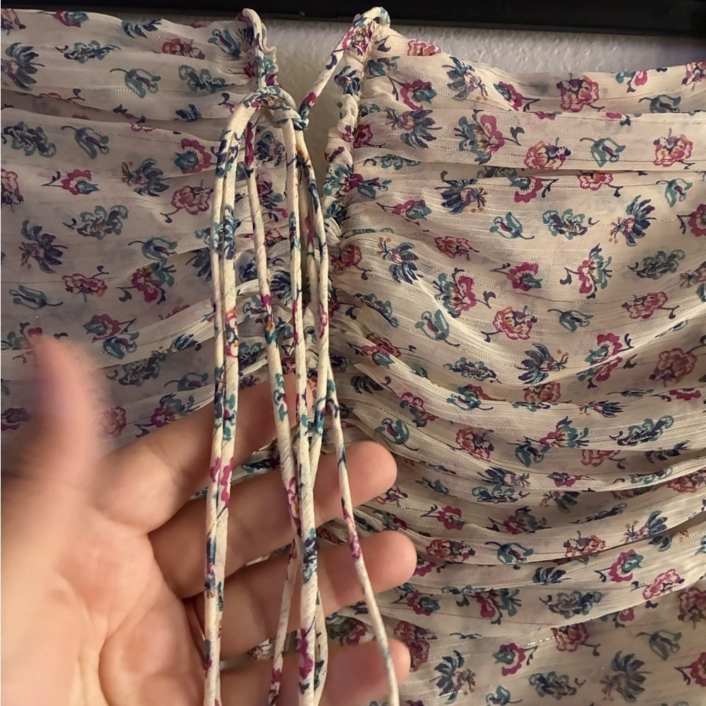 🆕 ZARA Metallic Thread Draped Ruched Floral Printed Halter Mini Dress M🆕 - Picture 10 of 16